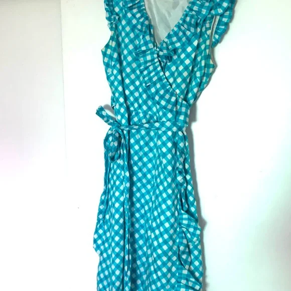 Kate Spade Silk Blue Gingham/Plaid Ruffle Wrap Dress Sz 8 - Picture 3 of 5